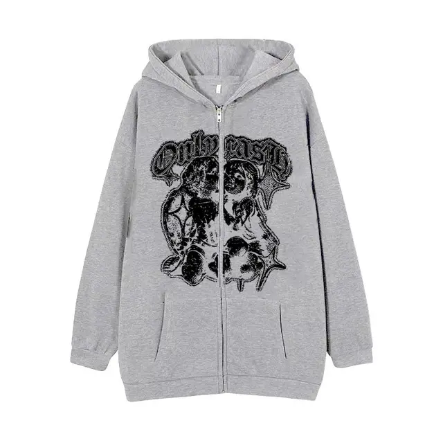 Women's Casual Hoodie Wings Angel Zipper Sweater Gray Cutout - Shop at LoveMi