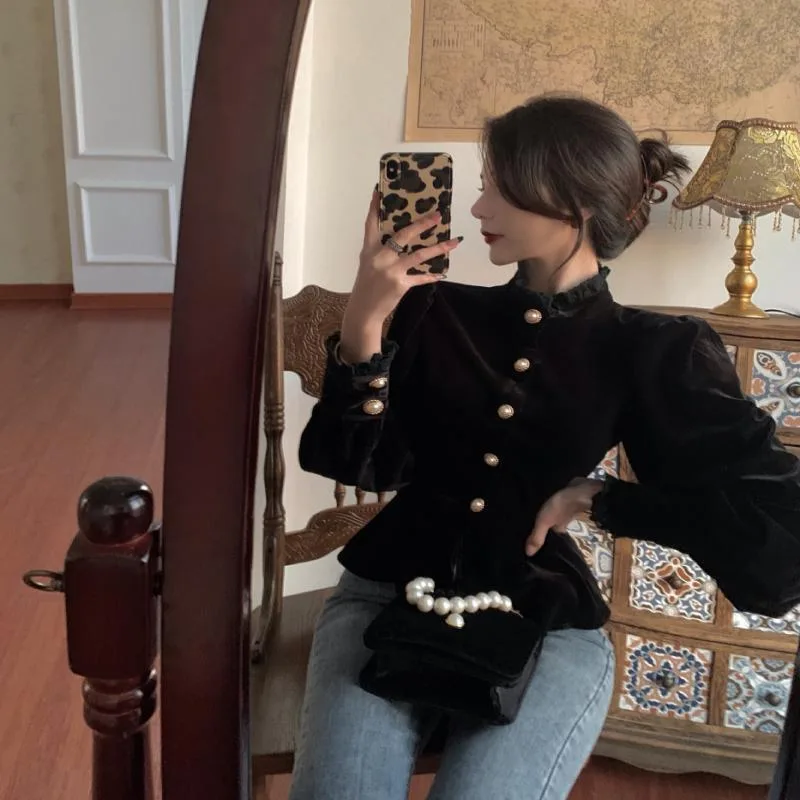 French Royal Style Velvet Lace Shirt For Women Black - Shop at LoveMi