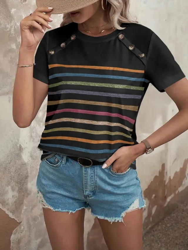 Women's Summer Stripes Printed Stitching Button Short sleeved Casual Top Black - Shop at LoveMi