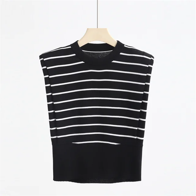 Right angle Shoulder Sleeveless Striped Ice Silk Round Neck Vest Top Sweater Black - Shop at LoveMi