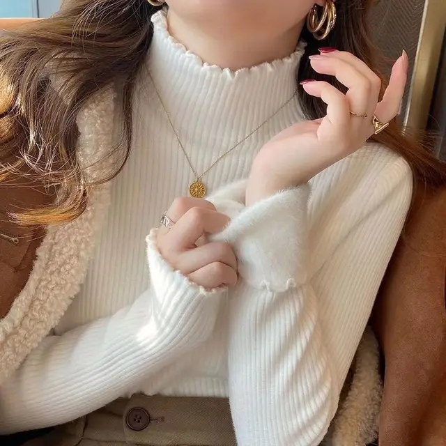 Thread Half high Collar Western Style Inner Wear Velvet Hoodie White - Shop at LoveMi