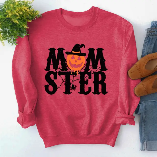 Printed MOM STER Pullover Round Neck Loose Long Sleeves Sweater Red Black Color Picture - Shop at LoveMi