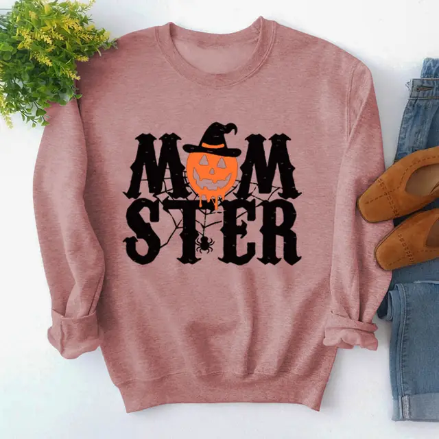 Printed MOM STER Pullover Round Neck Loose Long Sleeves Sweater Rose Gold Black Color Picture - Shop at LoveMi