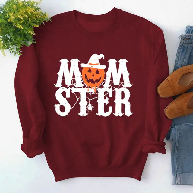 Printed MOM STER Pullover Round Neck Loose Long Sleeves Sweater Wine Red White Color Picture - Shop at LoveMi