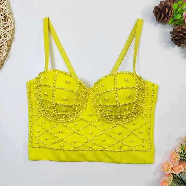 Women's Fashionable Elegant Pearl Spaghetti strap Camisole Top With Chest Pad Yellow - Shop at LoveMi