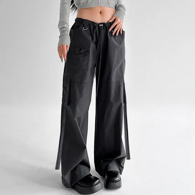 Women's Unisex Style Drawstring Lace Waist Ribbon Overalls Black - Shop at LoveMi