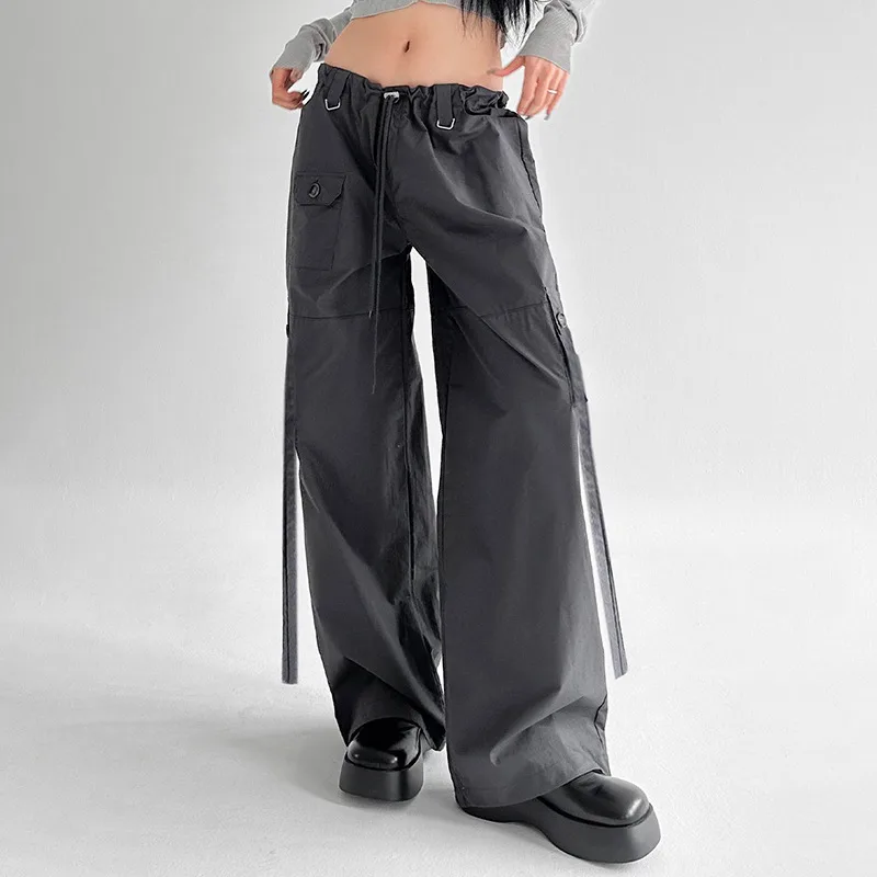 Women's Unisex Style Drawstring Lace Waist Ribbon Overalls Gray - Shop at LoveMi