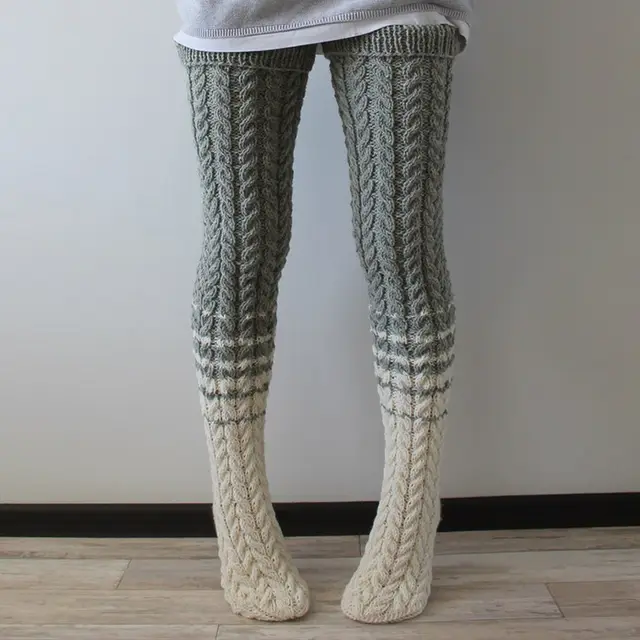 Twist Weave Woolen Yarn Socks Color Matching Overknee Long Boot Warm Keeping Floor Loose Socks Light Gray - Shop at LoveMi