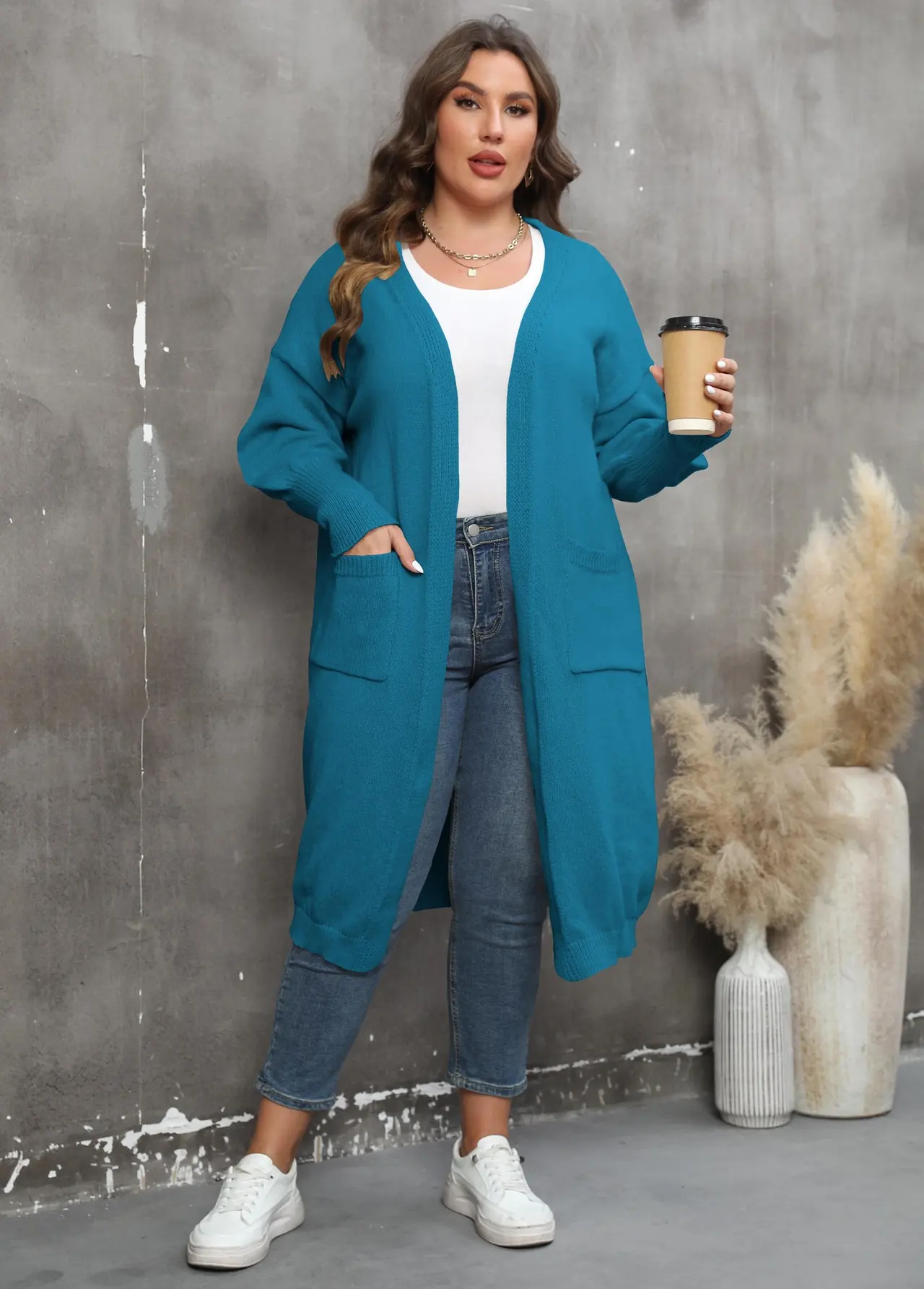 European And American Large Size Loose Mid-length Woven Sweater Double Pocket Lantern Sleeve Coat - Peacock Blue