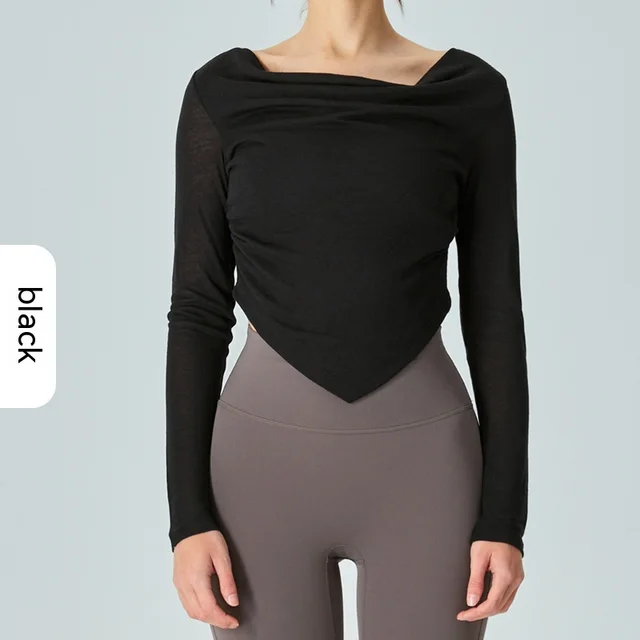New Lightweight Breathable Yoga Blouse Asymmetric V shaped Waist Pleating Swing Collar Sports Jacket Black - Shop at LoveMi