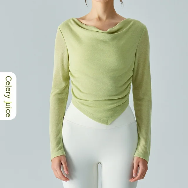 New Lightweight Breathable Yoga Blouse Asymmetric V shaped Waist Pleating Swing Collar Sports Jacket Celery Juice - Shop at LoveMi