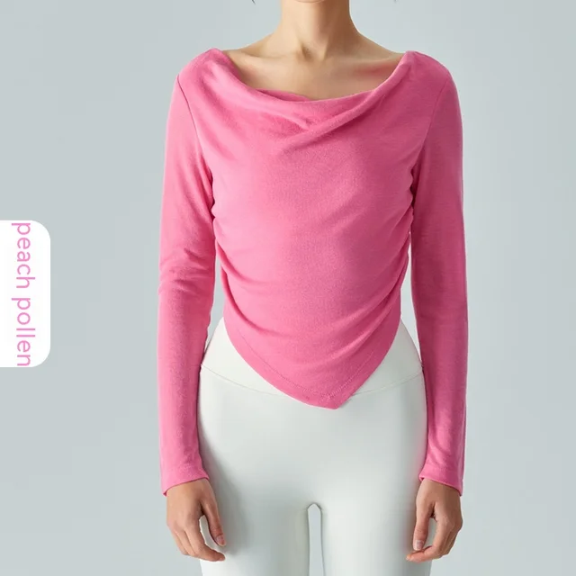 New Lightweight Breathable Yoga Blouse Asymmetric V shaped Waist Pleating Swing Collar Sports Jacket Peach Blossom - Shop at LoveMi