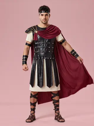 Roman Gladiator Costume with Cloak for Men - Black and Red