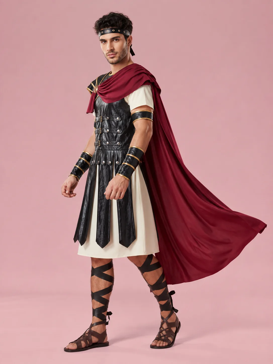 Roman Gladiator Costume with Cloak for Men - Black and Red - View 3