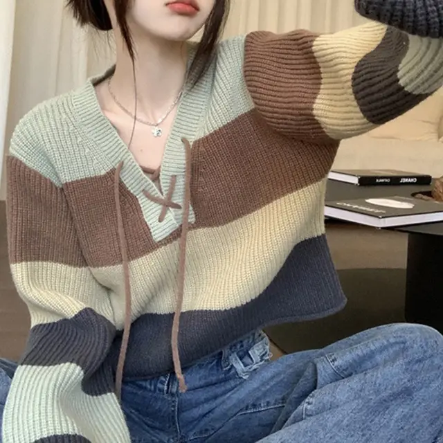 Retro Contrast Color Striped Lace up V neck Knitted Bottoming Shirt For Women Matcha - Shop at LoveMi
