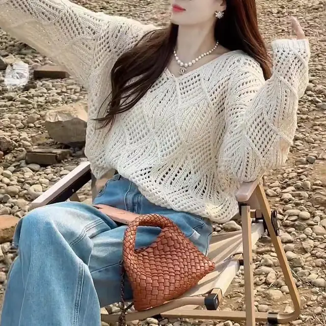 Hollow Sweater V neck Long Korean Style Loose Apricot - Shop at LoveMi