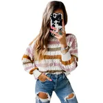 Leisure Personality Stitching Striped Round Neck Sweater - Color-L