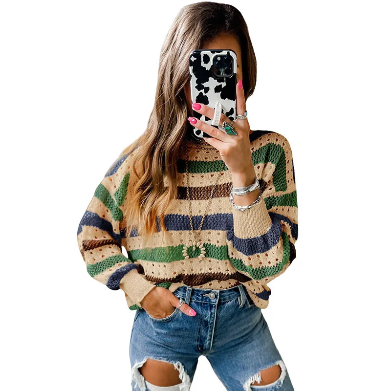 Leisure Personality Stitching Striped Round Neck Sweater Green - Shop at LoveMi