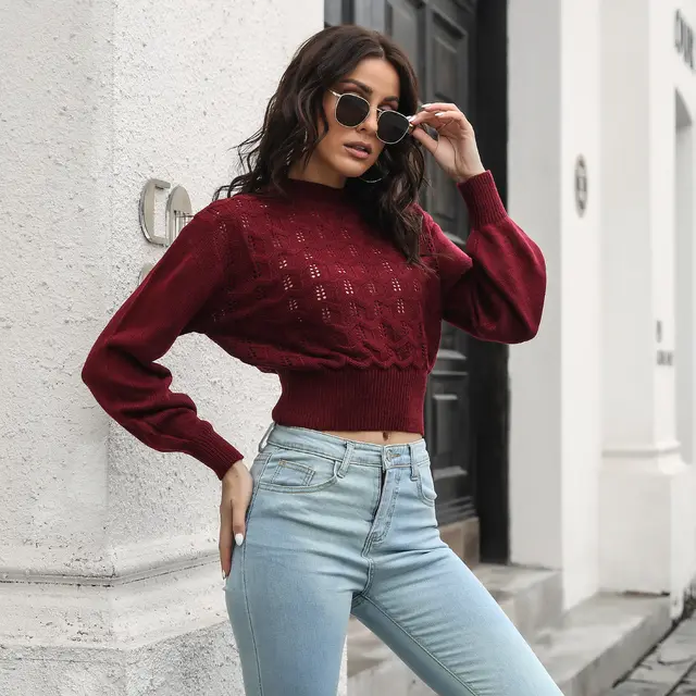 Independent Station Lantern Sleeve Hollow Knitted Midriff baring Sweater Wine Red - Shop at LoveMi