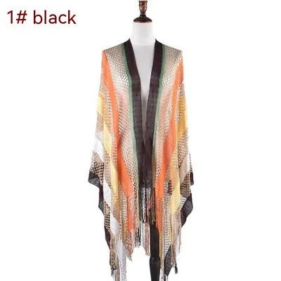 New Korean Style Cutout Long Silk Color Striped Knitted Sunscreen Shawl Thin Black - Shop at LoveMi