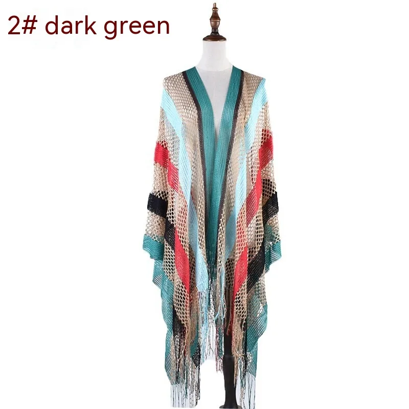 New Korean Style Cutout Long Silk Color Striped Knitted Sunscreen Shawl Thin Dark Green - Shop at LoveMi