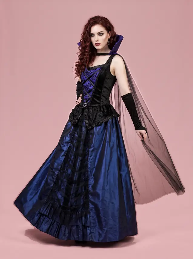 Gothic Vampire Costume Gown with Gloves for Women Blue and Black Blue & Black - Shop at LoveMi