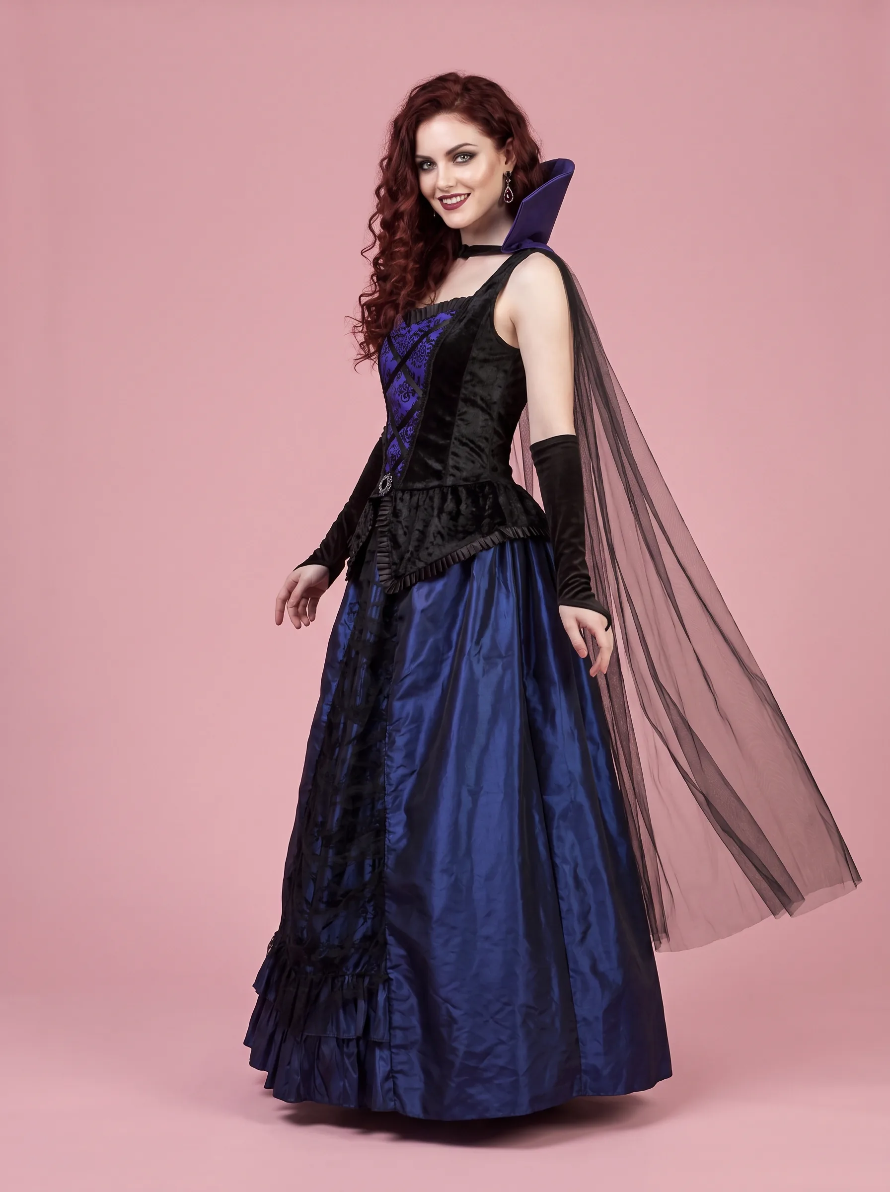 Gothic Vampire Costume Gown with Gloves for Women - Blue and Black - View 3