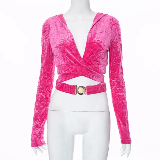 Hooded Long Sleeve Hollow Suede Top Rose Red - Shop at LoveMi