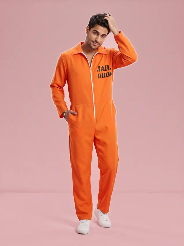 Prisoner Costume Long Sleeve Collared Jumpsuit for Men Orange Cc914 Men - Shop at LoveMi