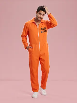 Prisoner Costume Long Sleeve Collared Jumpsuit for Men - Orange