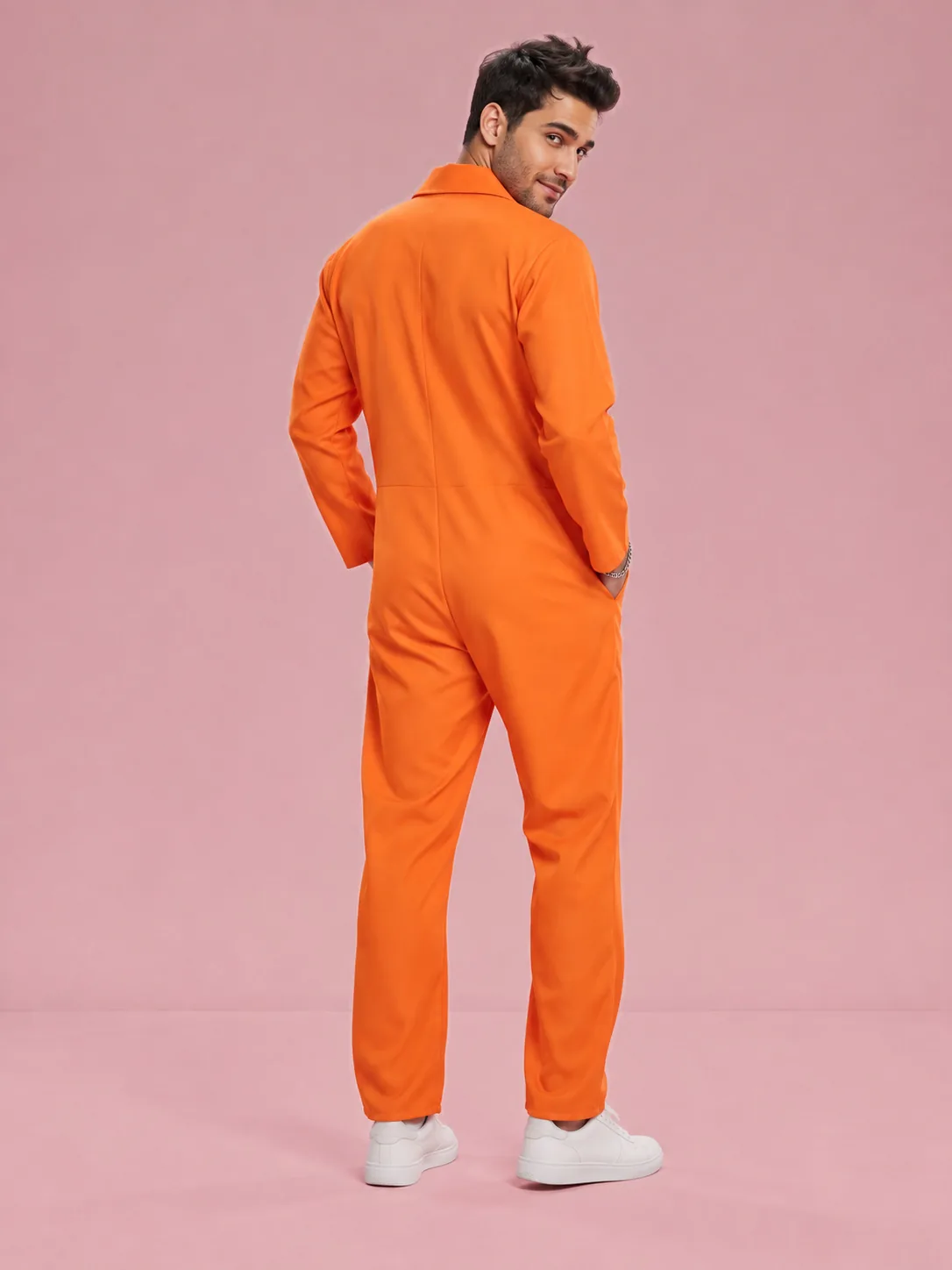 Prisoner Costume Long Sleeve Collared Jumpsuit for Men - Orange - View 2