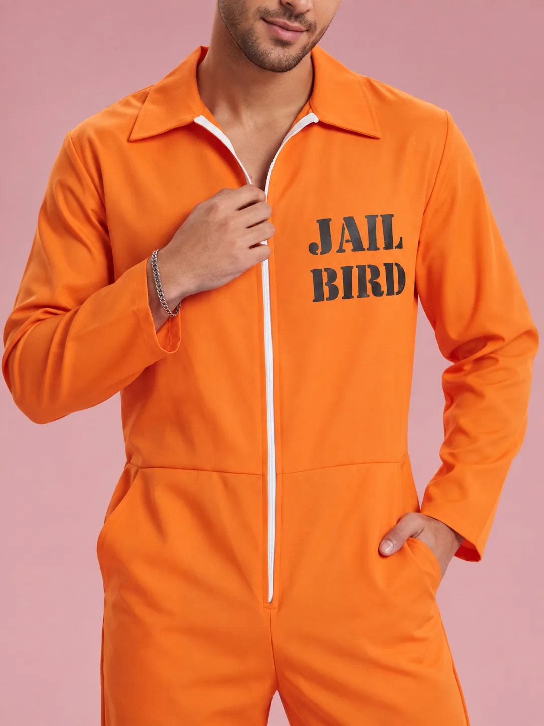 Prisoner Costume Long Sleeve Collared Jumpsuit for Men - Orange - View 3