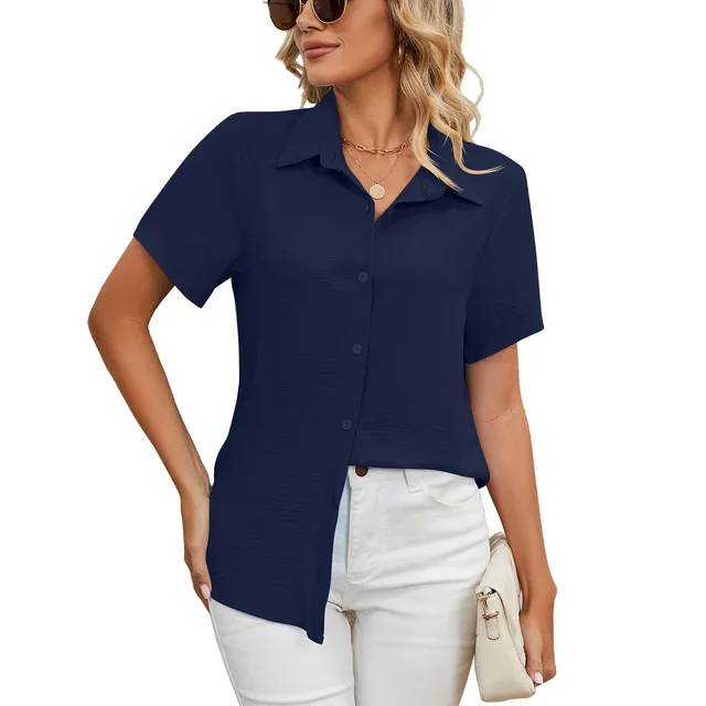 Women's Summer Anti wrinkle V neck Casual Loose Solid Color Shirt Top Navy Blue - Shop at LoveMi