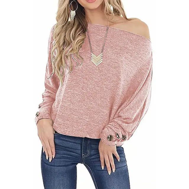 Women's Off shoulder Button Solid Color Long Sleeve Casual T shirt Pink - Shop at LoveMi