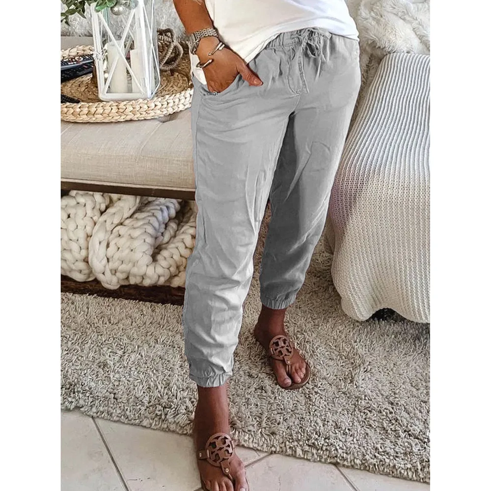 Female Pure Color Elastic Waist Pocket Casual Pants Purple - Shop at LoveMi
