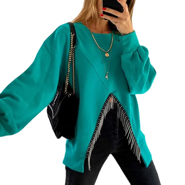 Women's Split Tassel Loose Casual Long Sleeves Top Solid Color Round Neck Sweater Green - Shop at LoveMi