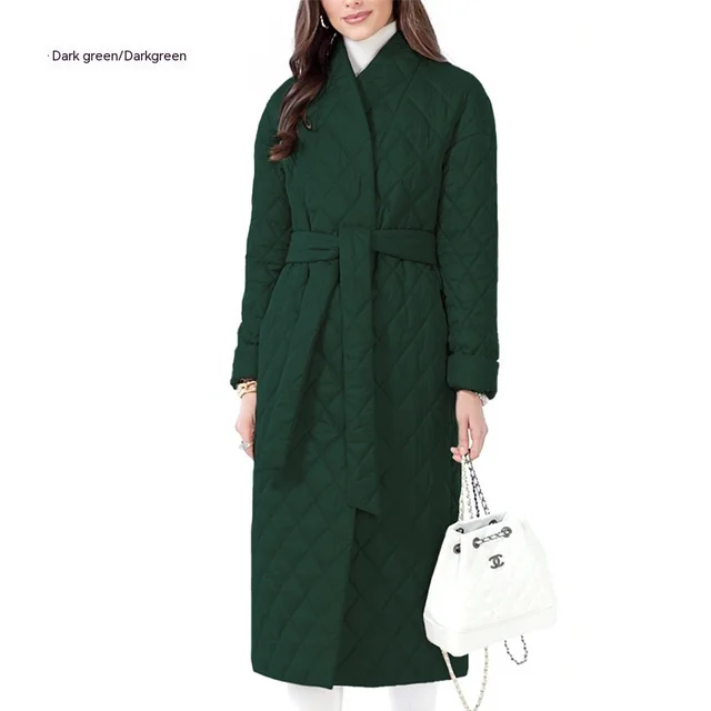 Winter Slim fit Lace Up Lapel Long Sleeve Plaid Long Coat Dark Green - Shop at LoveMi