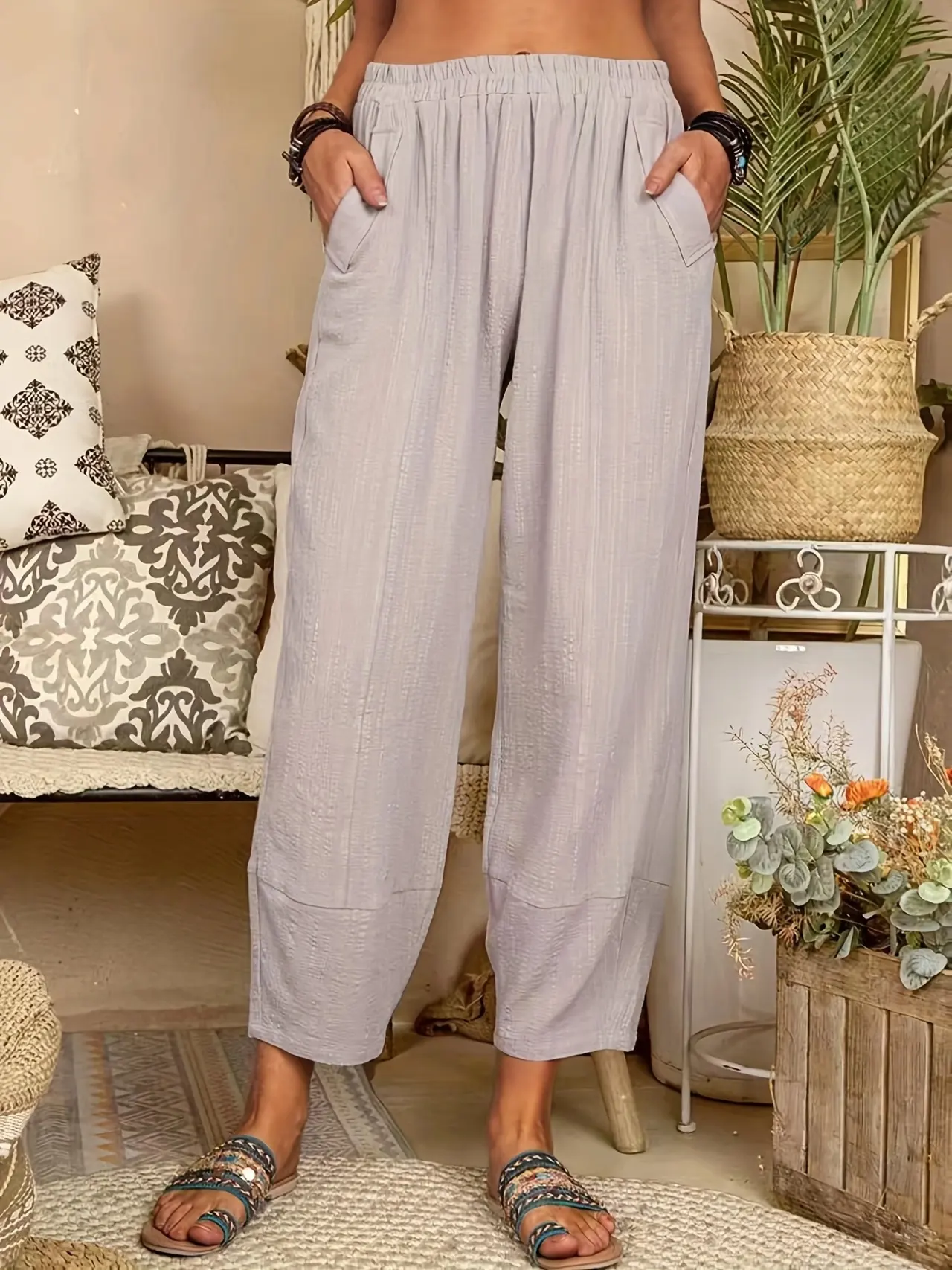 European And American Solid Color Loose Cotton And Linen Casual Pants Home - Light Gray