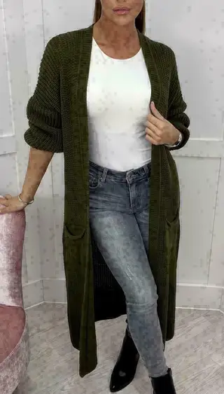 Solid Colour Knitwear Pocket Cardigan Mid-length Sweater Women's Coat - Army Green
