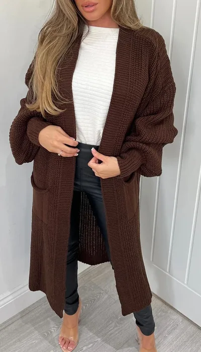 Solid Color Knitwear Pocket Cardigan Mid length Sweater Women's Coat Coffee - Shop at LoveMi