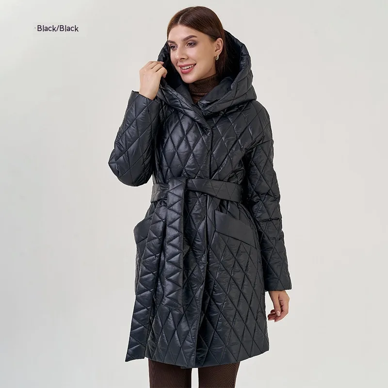 Women's Cotton padded Jacket Slim fit Lace Up Lapel Long sleeved Coat Black - Shop at LoveMi