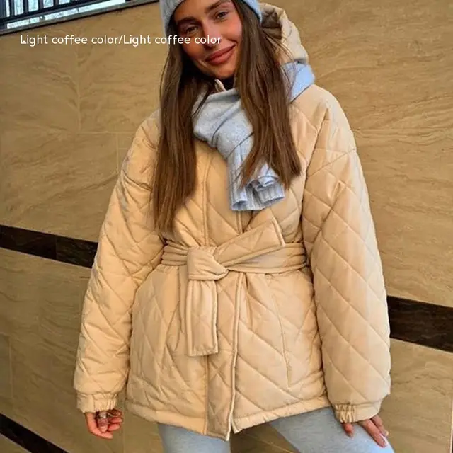 Hooded Cotton Jacket Slim fit Lace Up Lapel Long Sleeve Plaid Long Light Coffee - Shop at LoveMi