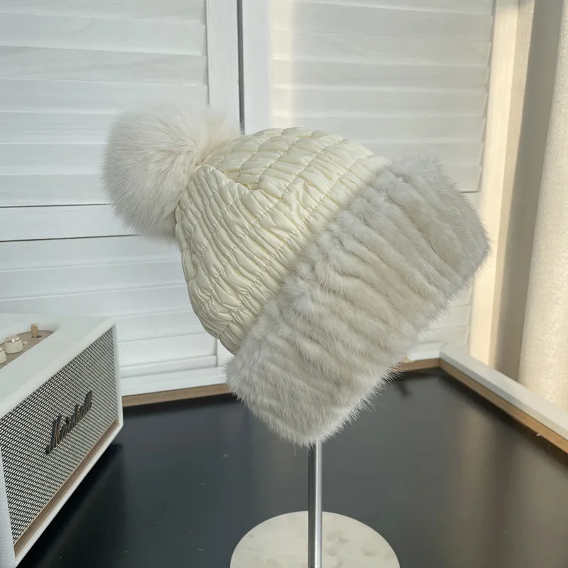 Winter Warm Mink Fur Woven Mink Fur Cap Women's Cute Fox Fur Ball Down Cotton Ear Protection Fur Hat Beige - Shop at LoveMi