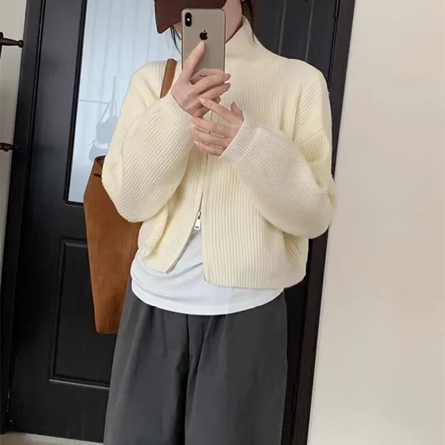 Simple Elegant Double Zipper Knitted Cardigan Stand Collar Short Beige - Shop at LoveMi