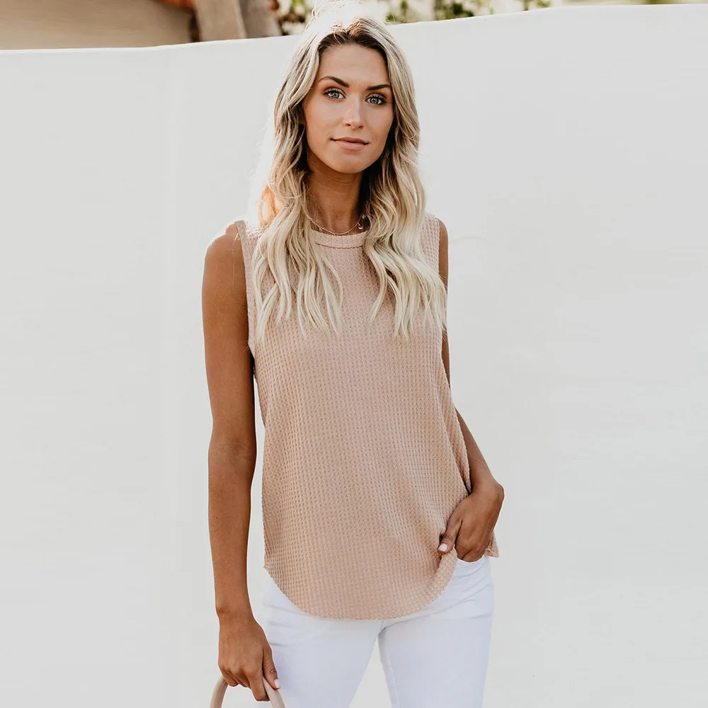 Solid Color Round Neck Sleeveless T-shirt Top Vest - Apricot