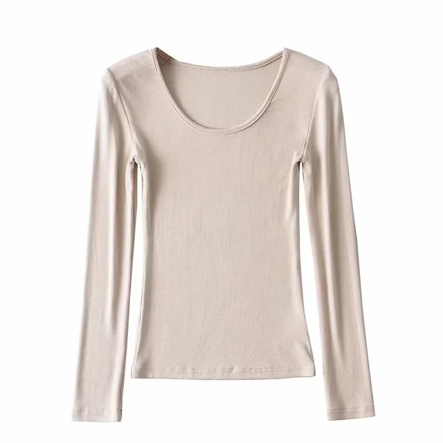 Round Neck Stretch Slim Fit Long sleeved T shirt Women Beige - Shop at LoveMi