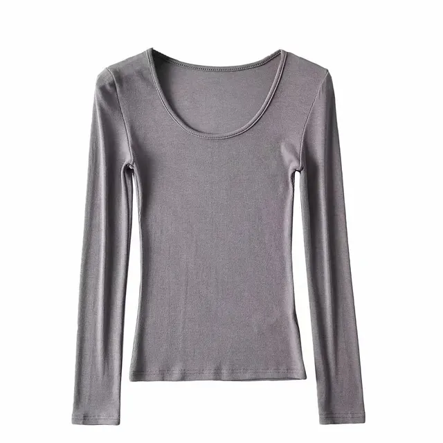 Round Neck Stretch Slim Fit Long sleeved T shirt Women Dark Gray - Shop at LoveMi