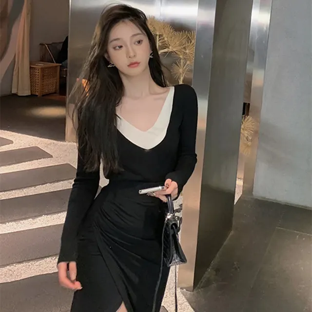 Fake Two piece Off the shoulder V neck Sweater Black - Shop at LoveMi