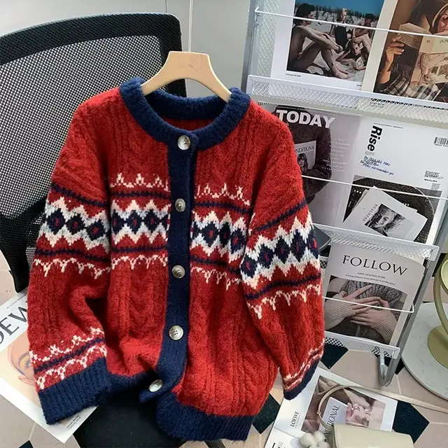 Retro Red New Year Sweater Coat For Women Red - Shop at LoveMi