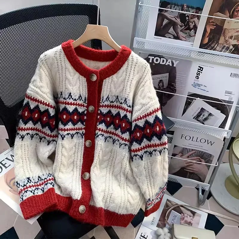 Retro Red New Year Sweater Coat For Women - White